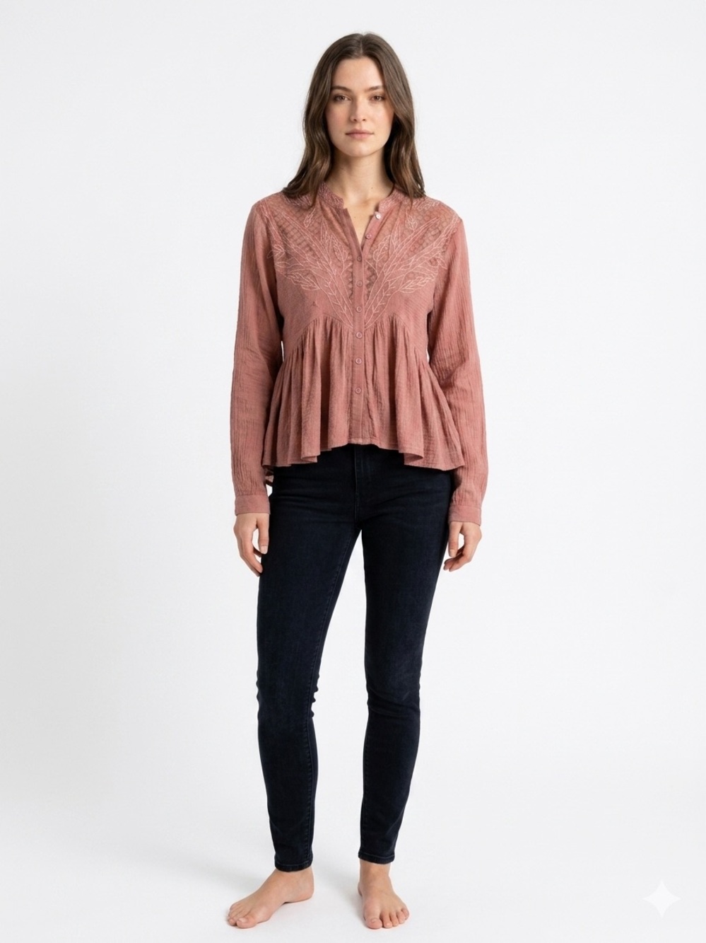 Free People Embroidered Button-Down Peplum Top - Rose